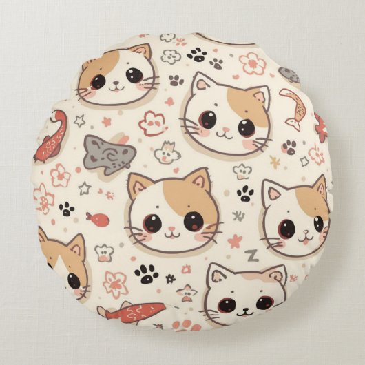 Cute Cat simple pet kitten Pattern Party ラウンドクッション (正面)