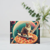 Cute Cat Skateboarding on a Pizza Planet ポストカード (スタンド正面)