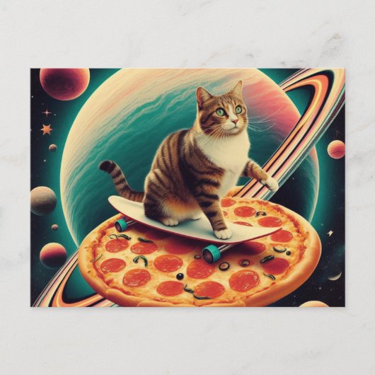 Cute Cat Skateboarding on a Pizza Planet ポストカード (正面)