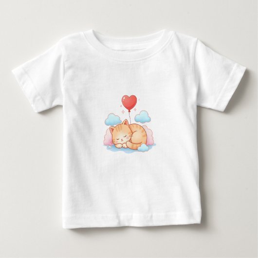 Cute Cat Sleeping with Heart Balloon  ベビーTシャツ (正面)