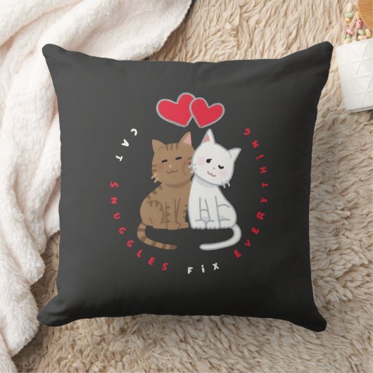 Cute Cat Snuggle Love Illustration T-Shirt クッション (ブランケット)