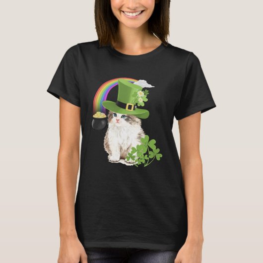 Cute Cat  St Patricks Day Shamrock Rainbow Patty K Tシャツ (正面)