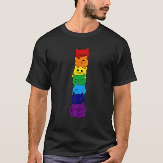 Cute Cat Stack Gay Rainbow Flag Pride LGBQ Support Tシャツ (正面)