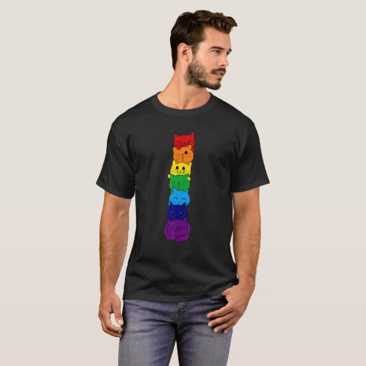 Cute Cat Stack Gay Rainbow Flag Pride LGBQ Support Tシャツ (正面フル)