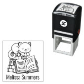 Cute Cat Stack of Books Custom Name Bookplate セルフインキングスタンプ (インサイチュ)