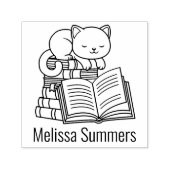 Cute Cat Stack of Books Custom Name Bookplate セルフインキングスタンプ (デザイン)