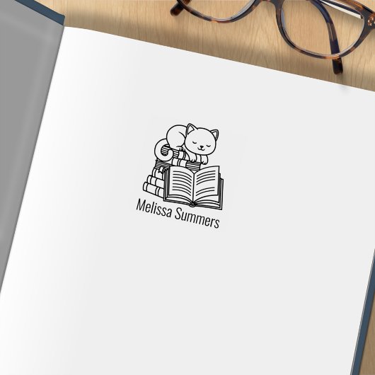 Cute Cat Stack of Books Custom Name Bookplate 1x1 ラバースタンプ