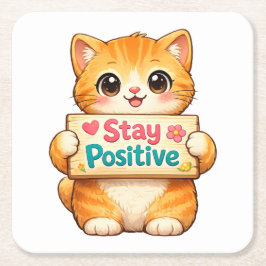 Cute Cat Stay Positive Artwork スクエアペーパーコースター