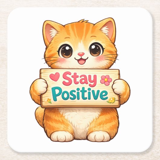 Cute Cat Stay Positive Artwork スクエアペーパーコースター (正面)