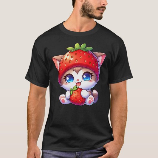 Cute Cat Strawberry Fruit Quirky Hat Tシャツ (正面)