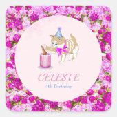 Cute Cat Swiping At Cake With Peonies and Glitter スクエアシール (正面)