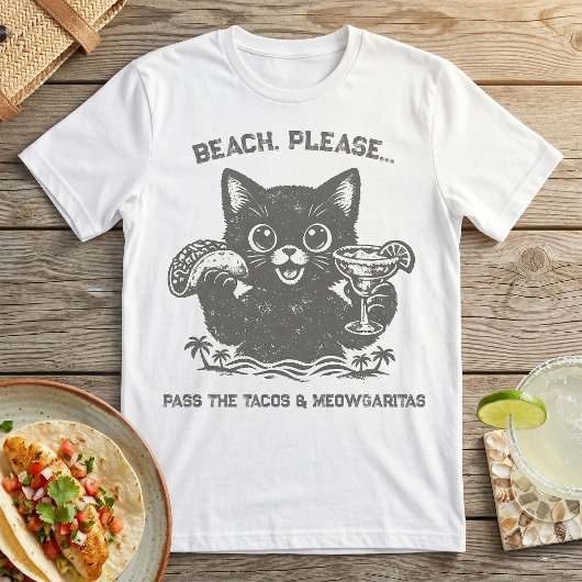 Cute Cat & Taco Beach Please Margarita T-Shirt Tシャツ