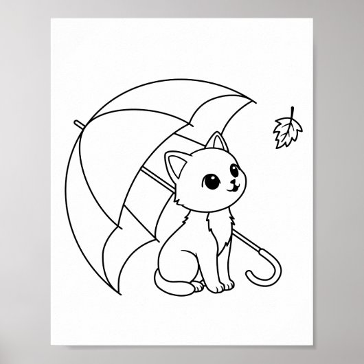 Cute Cat Umbrella Leaf Coloring Page ポスター (正面)