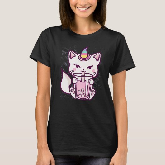 Cute Cat Unicorn Drinking Bubble Tea Tシャツ (正面)