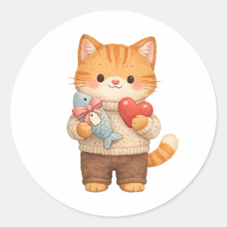 Cute Cat Valentine Kitten Holding Heart Gift ラウンドシール