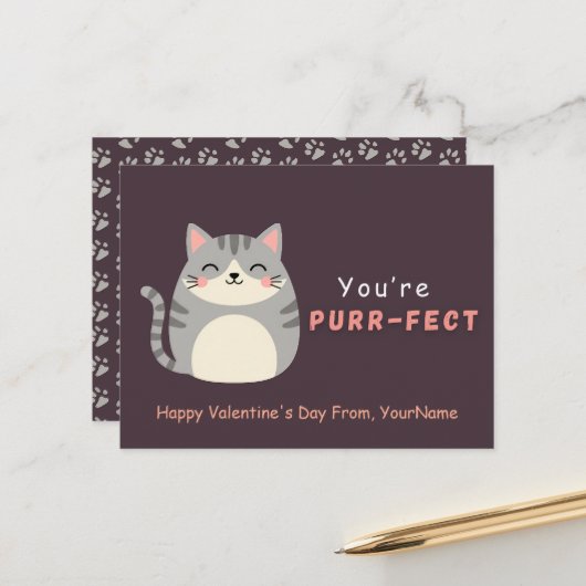 Cute Cat Valentine Pun Card – You’re Purr-fect シーズンポストカード (正面/裏面インサイチュ)