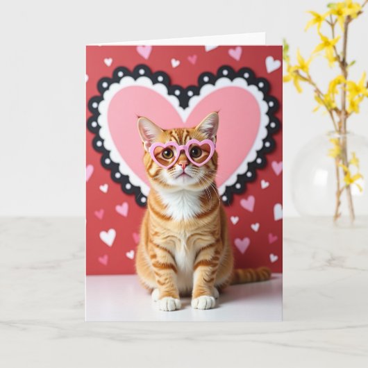 Cute Cat Valentines Heart Card カード (黄色い花)