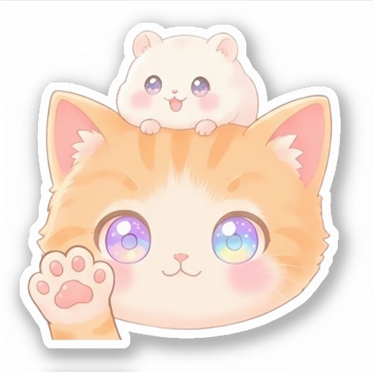 Cute Cat Waving Hello Sticker シール (正面)