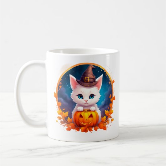 Cute Cat Witch Pumpkin コーヒーマグカップ (左)