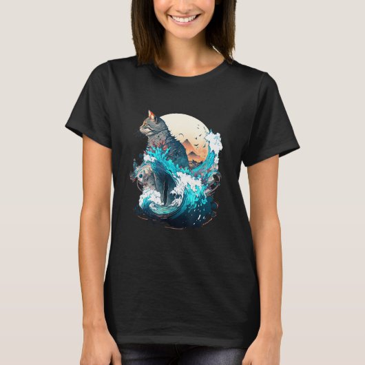Cute Cat with a ocaen wave Illustration 1 Tシャツ (正面)