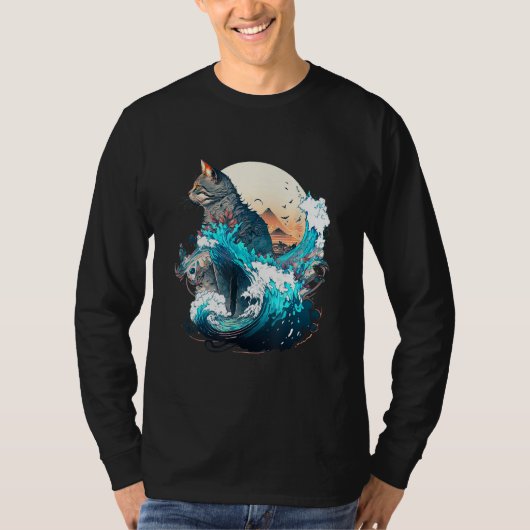 Cute Cat with a ocaen wave Illustration 1 Tシャツ (正面)