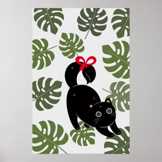 Cute Cat With Bow Monstera Leaves ポスター (正面)