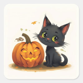 Cute Cat with Carved Pumpkin スクエアシール