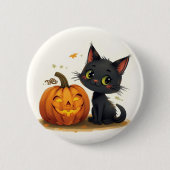 Cute Cat with Carved Pumpkin 缶バッジ (正面)