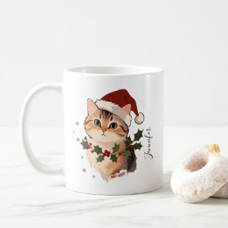 Cute Cat with Christmas hat Personalized Name コーヒーマグカップ