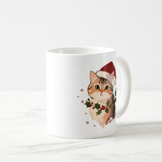 Cute Cat with Christmas hat Personalized Name コーヒーマグカップ (正面右)