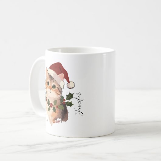 Cute Cat with Christmas hat Personalized Name コーヒーマグカップ (正面左)