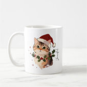 Cute Cat with Christmas hat Personalized Name コーヒーマグカップ (左)