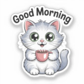 Cute Cat with Coffee “Good Morning” Sticker シール (正面)