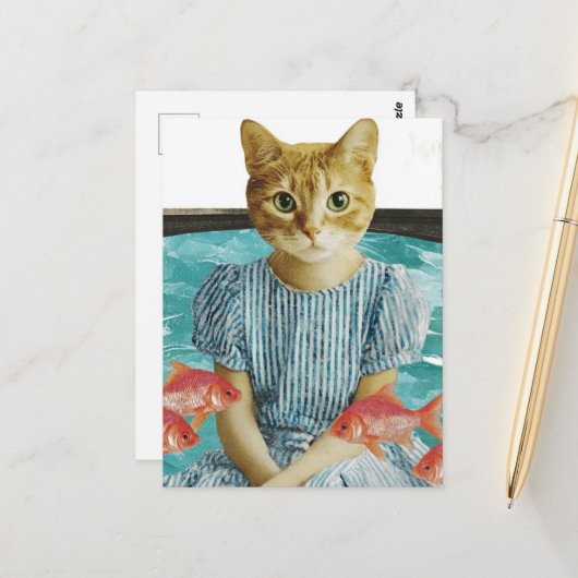 Cute Cat With Goldfish Retro Collage ポストカード (正面/裏面インサイチュ)