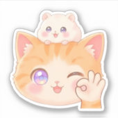 Cute Cat with Hamster on Head - OK Sign Sticker シール (正面)