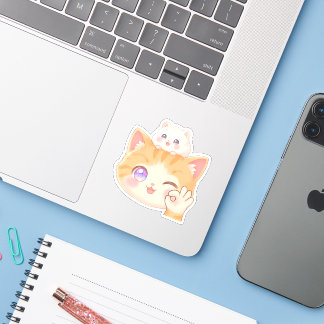 Cute Cat with Hamster on Head - OK Sign Sticker シール