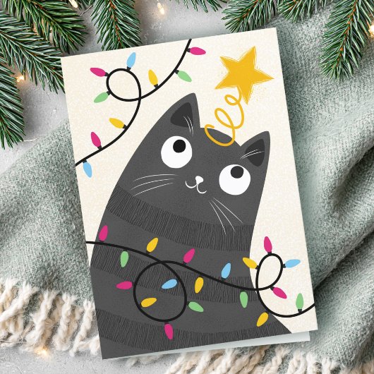 Cute cat with lights and tree-topper Christmas シーズンカード
