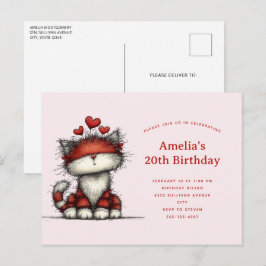 Cute Cat with Red Love Hearts Birthday インビテーションポストカード