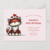 Cute Cat with Red Love Hearts Birthday インビテーションポストカード (正面)