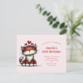 Cute Cat with Red Love Hearts Birthday インビテーションポストカード (スタンド正面)