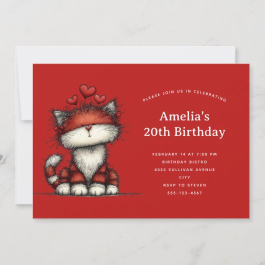 Cute Cat with Red Love Hearts Birthday 招待状 (正面)