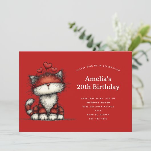 Cute Cat with Red Love Hearts Birthday 招待状 (スタンド正面)