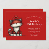Cute Cat with Red Love Hearts Birthday 招待状 (正面/裏面)