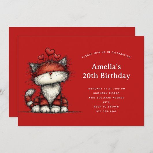 Cute Cat with Red Love Hearts Birthday 招待状 (正面/裏面)