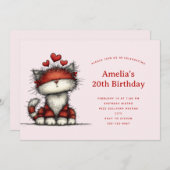 Cute Cat with Red Love Hearts Birthday 招待状 (正面/裏面)