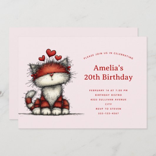 Cute Cat with Red Love Hearts Birthday 招待状 (正面/裏面)