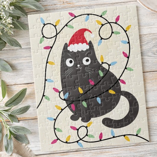 Cute cat with Santa hat and lights Christmas ジグソーパズル