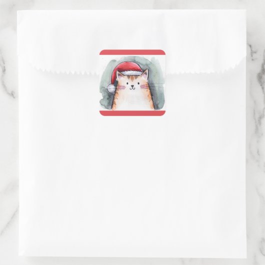 Cute Cat with Santa Hat Square Stickers スクエアシール (バッグ)