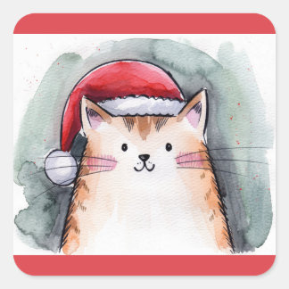 Cute Cat with Santa Hat Square Stickers スクエアシール