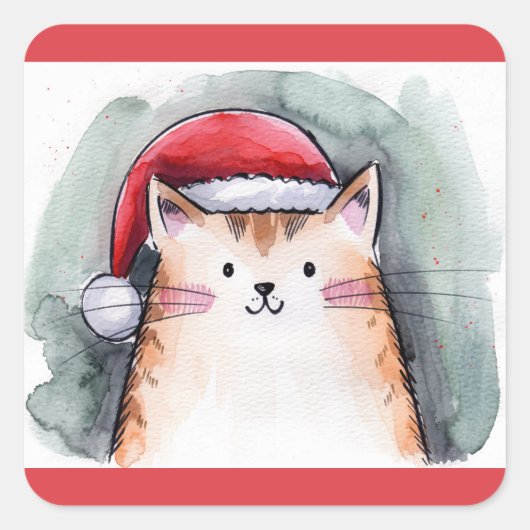 Cute Cat with Santa Hat Square Stickers スクエアシール (正面)